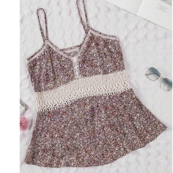 Boho Floral Print lace V neck Cami Straps Tank Top - Picture 4 of 6